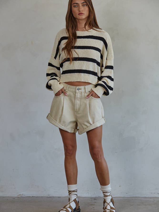 Aspen Striped Crewneck Knit Sweater in Natural Black | Jayden P Boutique