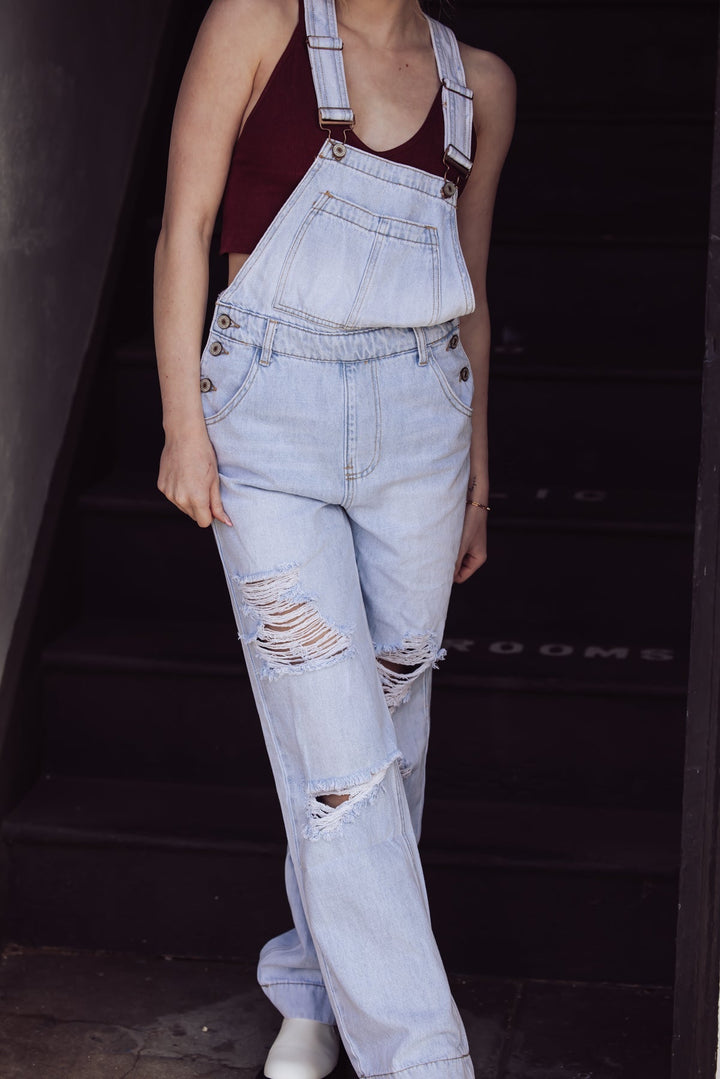 CARRIE POCKETED DISTRESSED DENIM OVERALLS - Jayden P Boutique