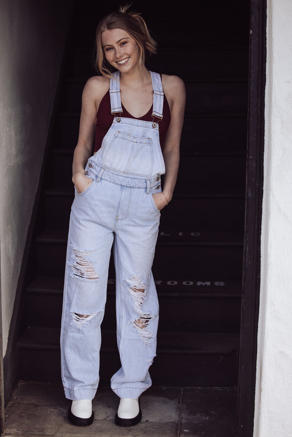CARRIE POCKETED DISTRESSED DENIM OVERALLS - Jayden P Boutique