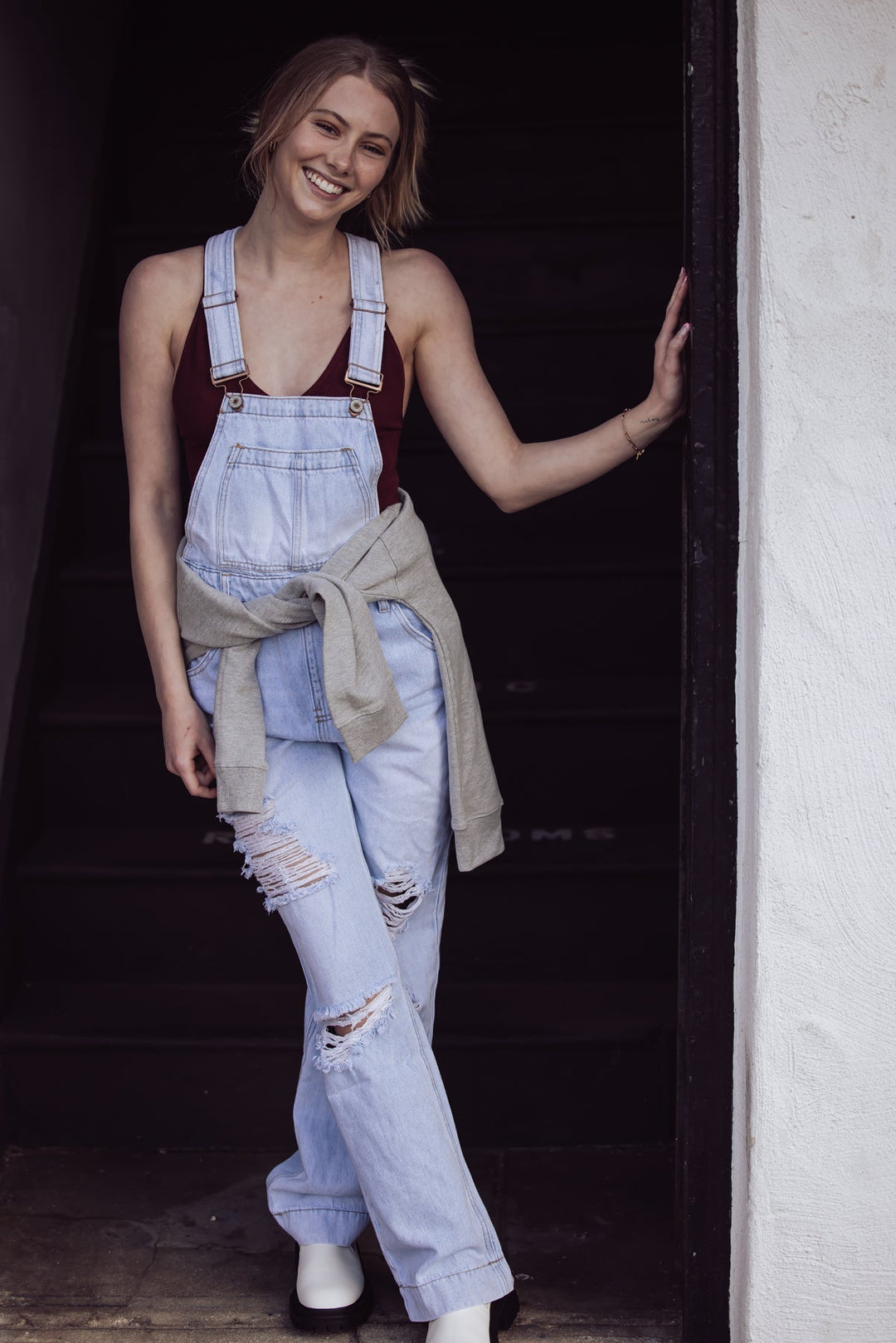 CARRIE POCKETED DISTRESSED DENIM OVERALLS - Jayden P Boutique