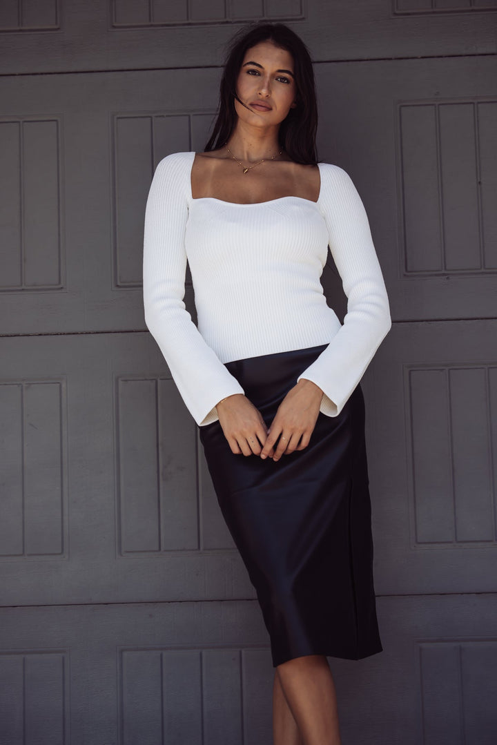 Claire Ribbed Long Sleeve Sweater Top - White - Jayden P Boutique