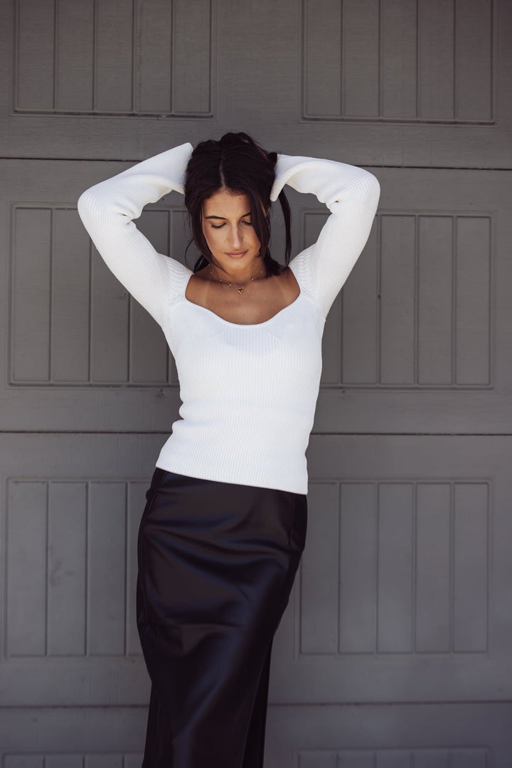 Claire Ribbed Long Sleeve Sweater Top - White - Jayden P Boutique