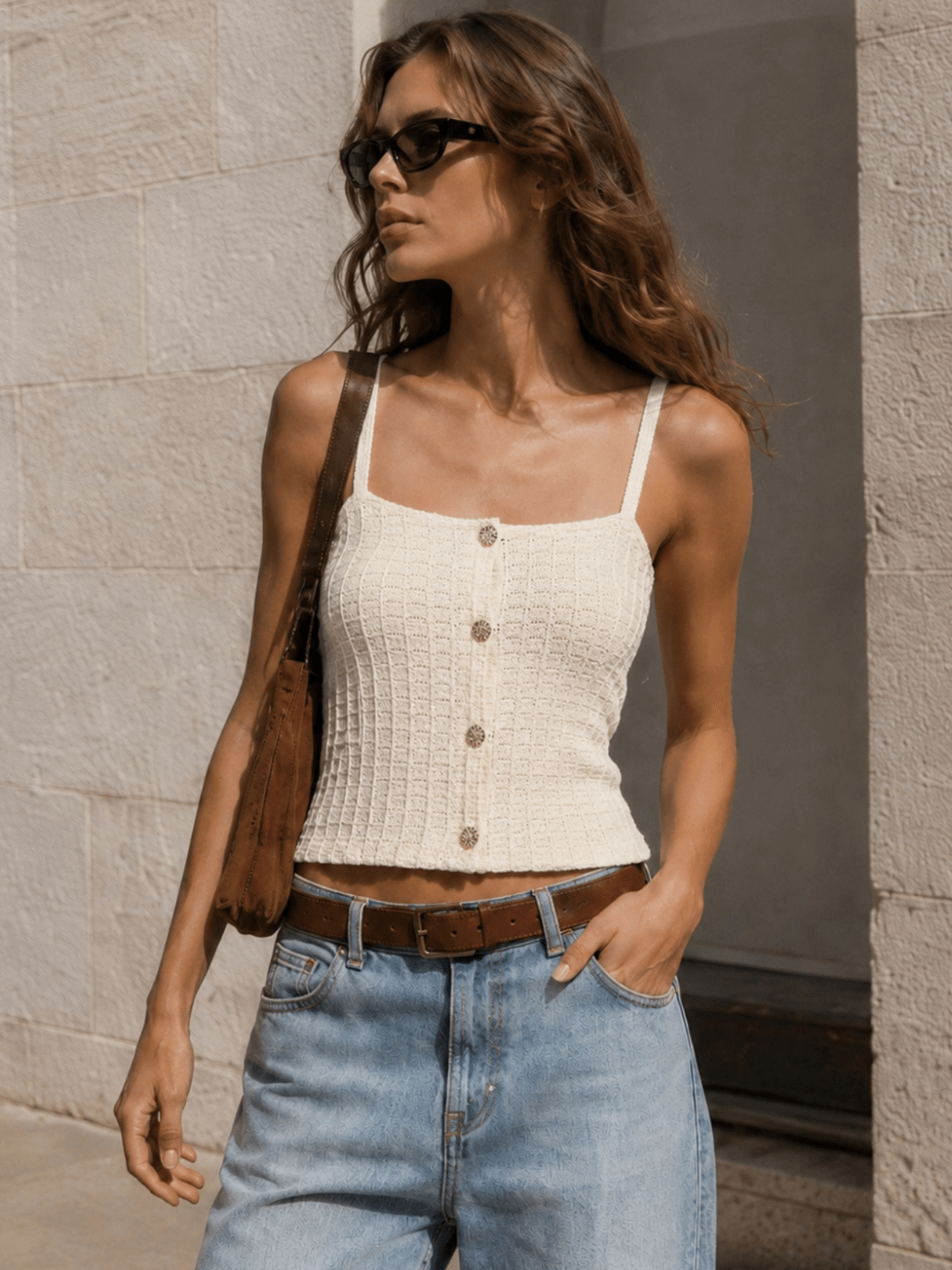 Cream Waffle-Knit Button-Front Cropped Camisole - Jayden P Boutique