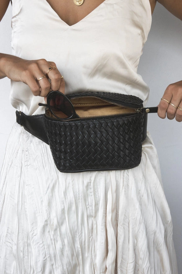 MANDRN | The Woven Atlas- Black Leather Fanny Pack