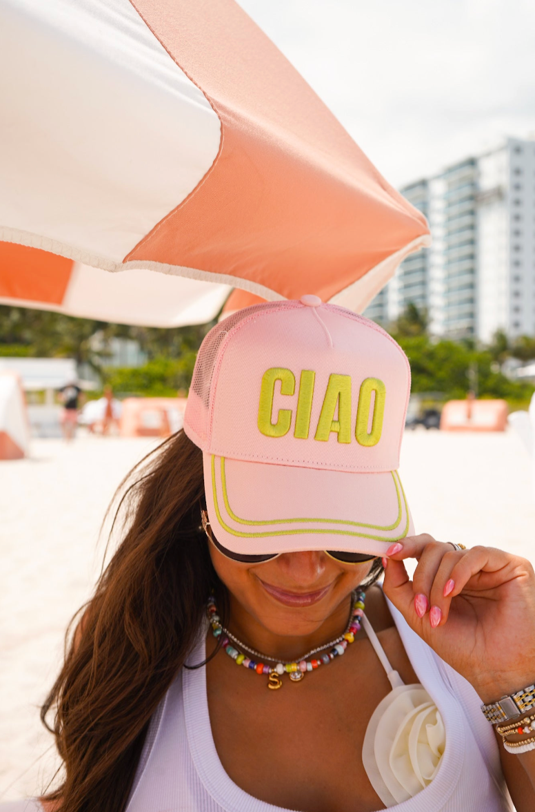 KENZKUSTOMZ Ciao Pink Canvas Trucker Hat in Pink Canvas — Embroidered Snapback | Jayden P Boutique
