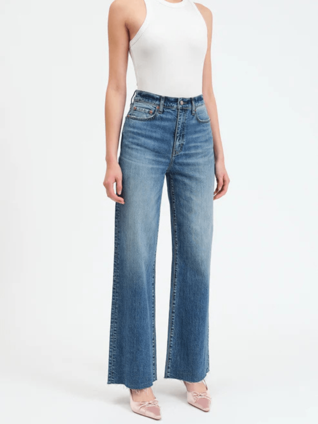 DAZE DENIM Far Out High Rise Wide Leg Jeans in blue wash, full-length wide-leg denim with white sleeveless top.