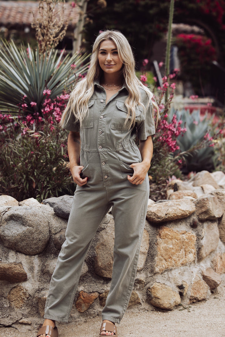 Free People Marci Denim Jumpsuit - Washed Army - Jayden P Boutique