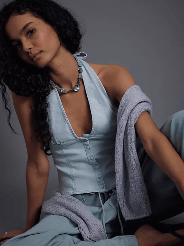 Free People - Ramona Denim Halter Top-SALE - Jayden P Boutique