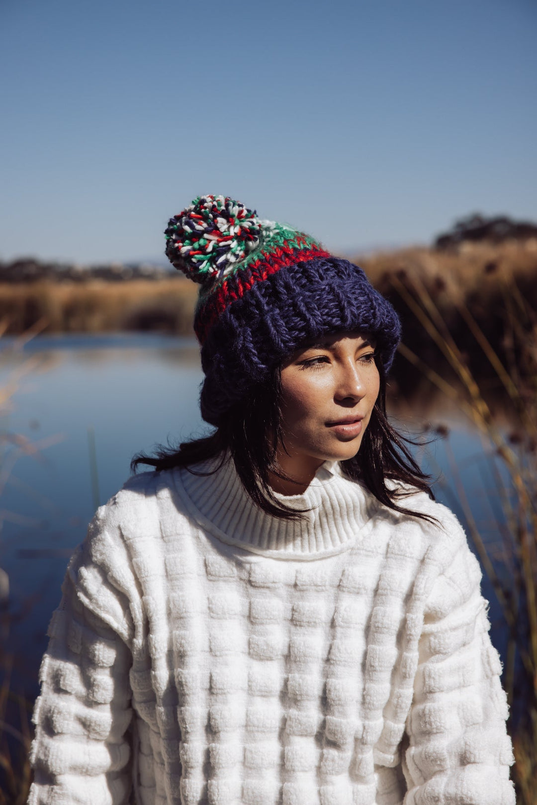 Free People Tide Stripe Knit Pom Beanie - Navy - Jayden P Boutique