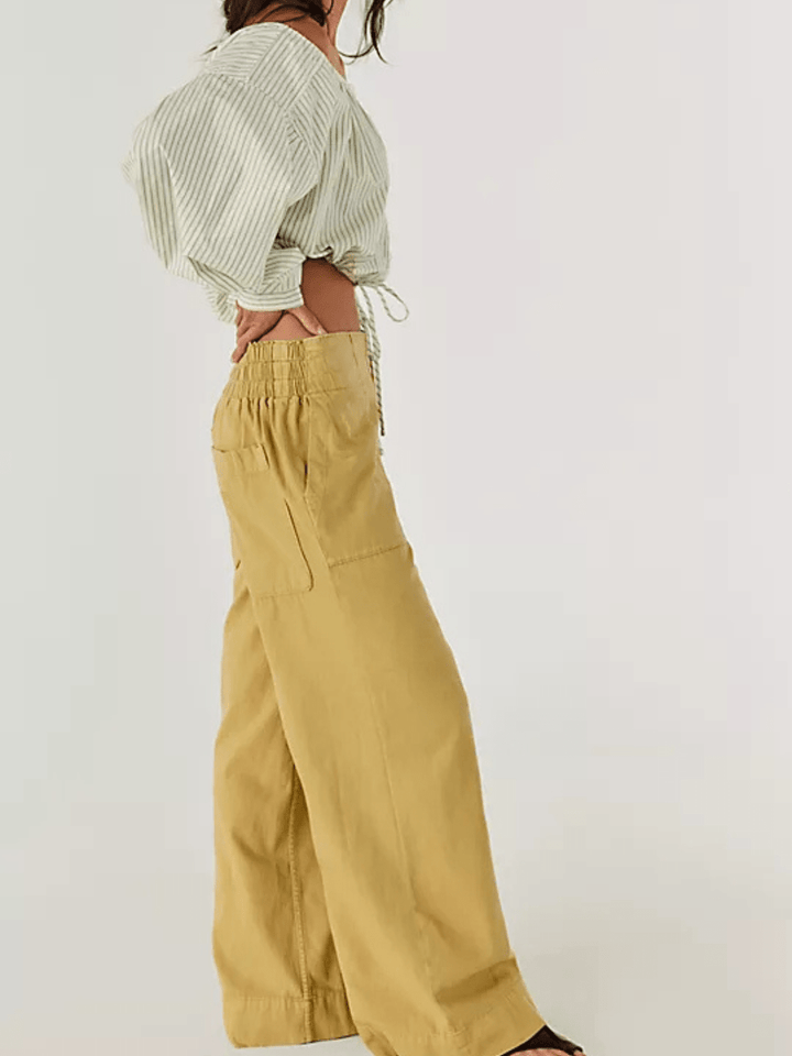 Mustard wide-leg pull-on pants with elastic waist and pockets, Free People - We The Free Breezy Denim Pull On Jeans