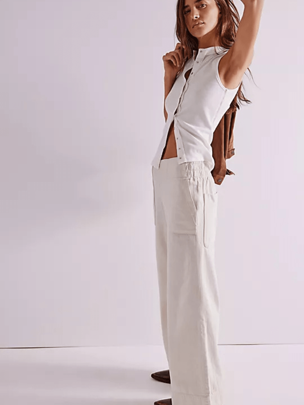 Free People We The Free breezy denim pull-on jeans in cream with mid-rise, relaxed wide-leg fit