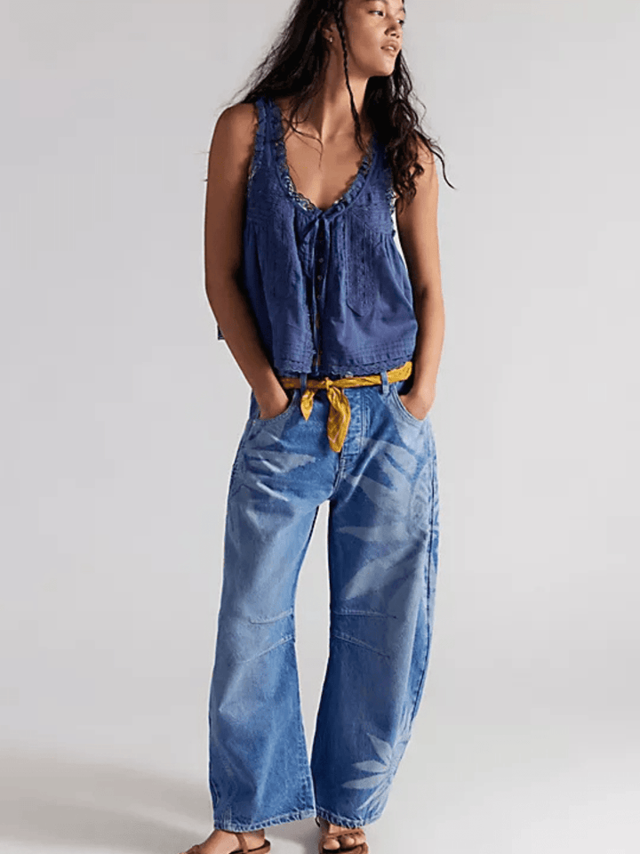 Free People - We The Free Good Luck Printed Barrel Jeans by FREE PEOPLE (free-people-we-the-free-good-luck-printed-barrel-jeans)
