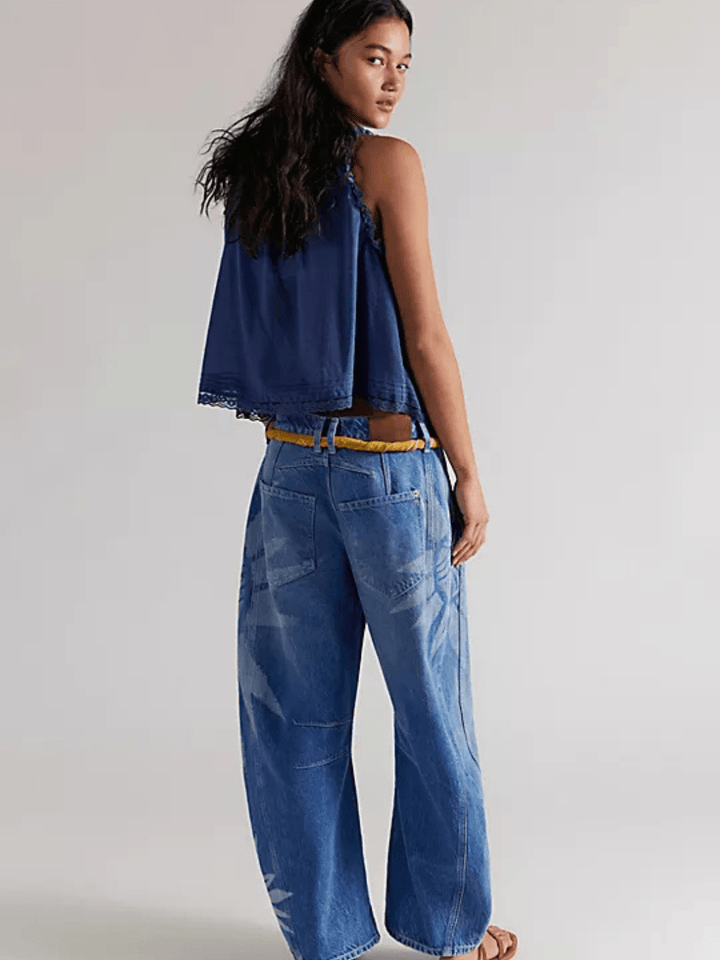 Free People - We The Free Good Luck Printed Barrel Jeans by FREE PEOPLE (free-people-we-the-free-good-luck-printed-barrel-jeans)