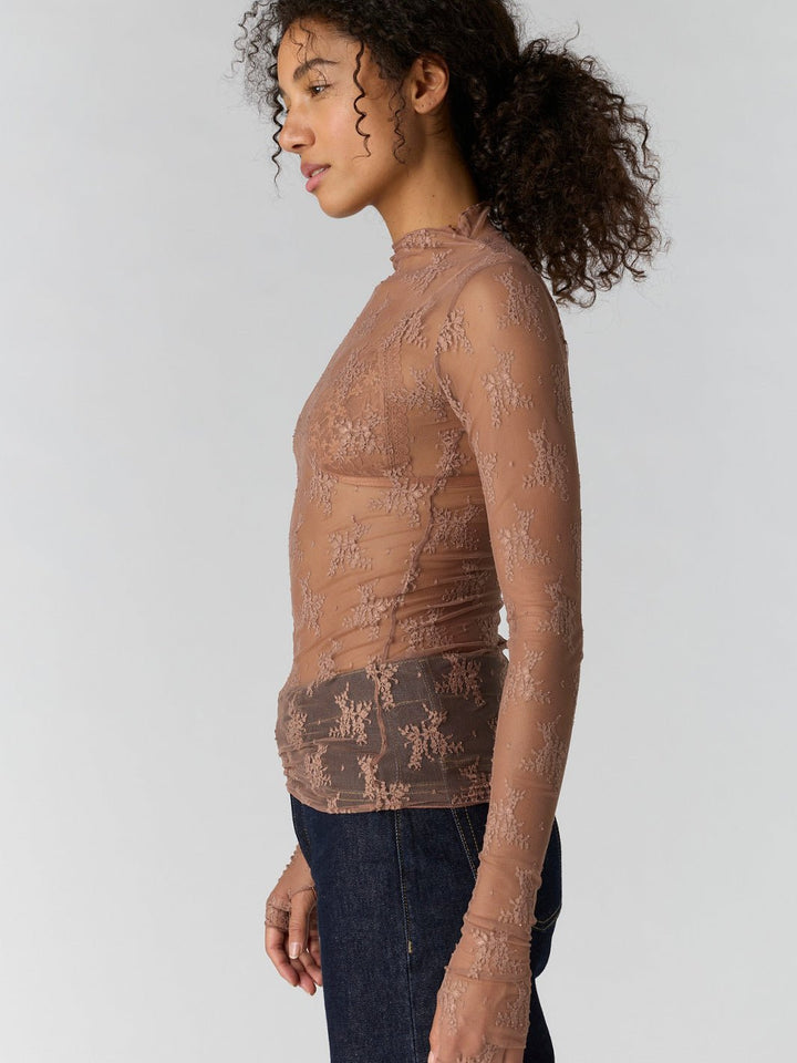 Free People Lady Lux Layering Top in Chocolate Malt — side view of fitted sheer lace long sleeve | Jayden P Boutique