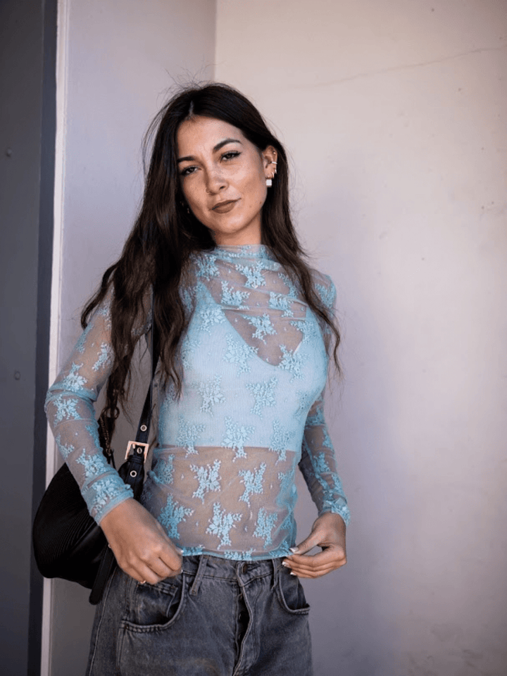 Free People Lady Lux Layering Top in Mermaids Tail — blue sheer embroidered long sleeve layering top | Jayden P Boutique