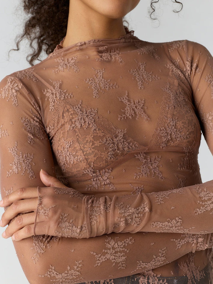 Free People Lady Lux Layering Top in Chocolate Malt — close-up of floral lace and thumbhole sleeves | Jayden P Boutique
