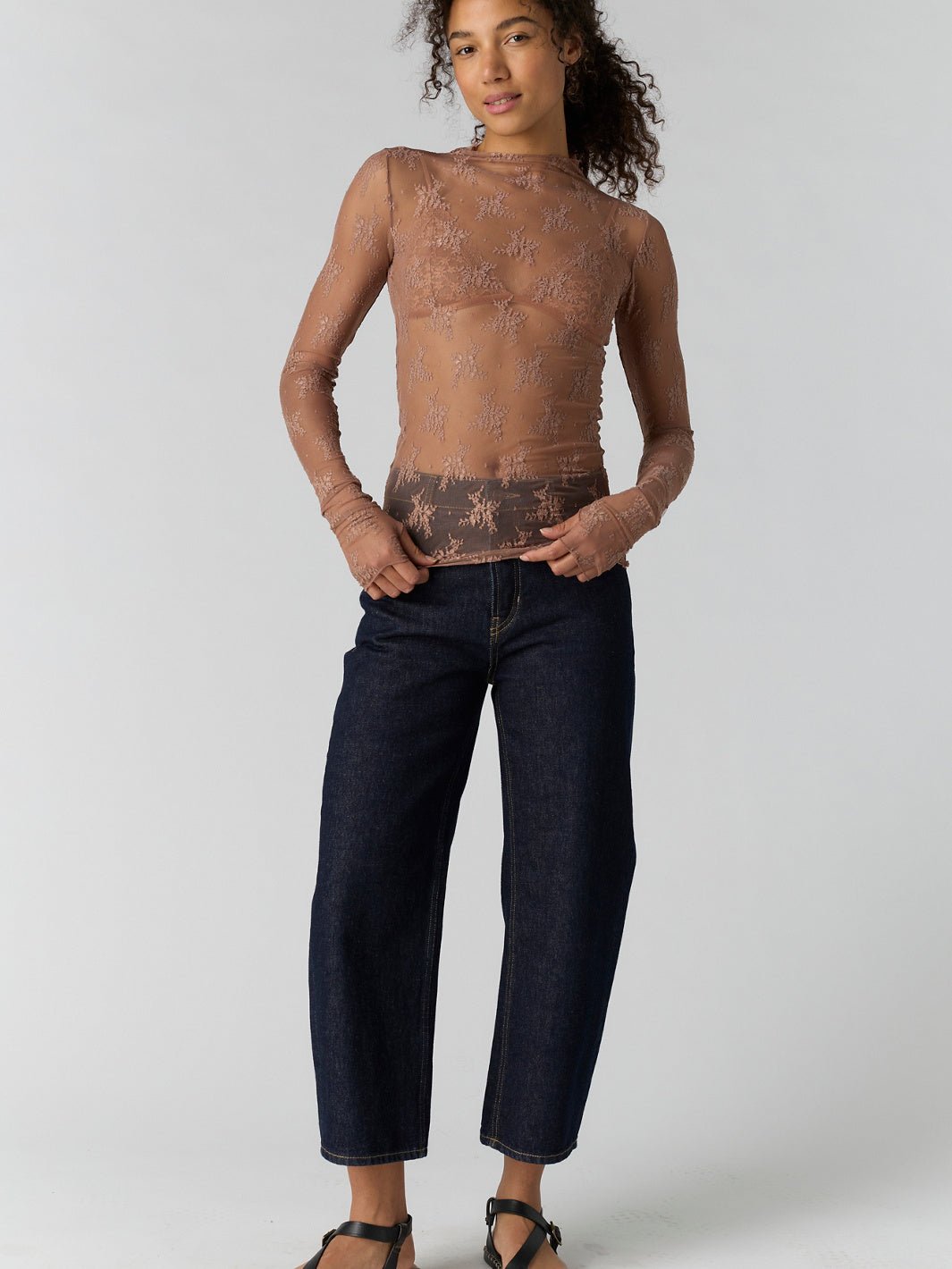 Free People Lady Lux Layering Top in Chocolate Malt — full-length look styled with dark wash barrel jeans | Jayden P Boutique