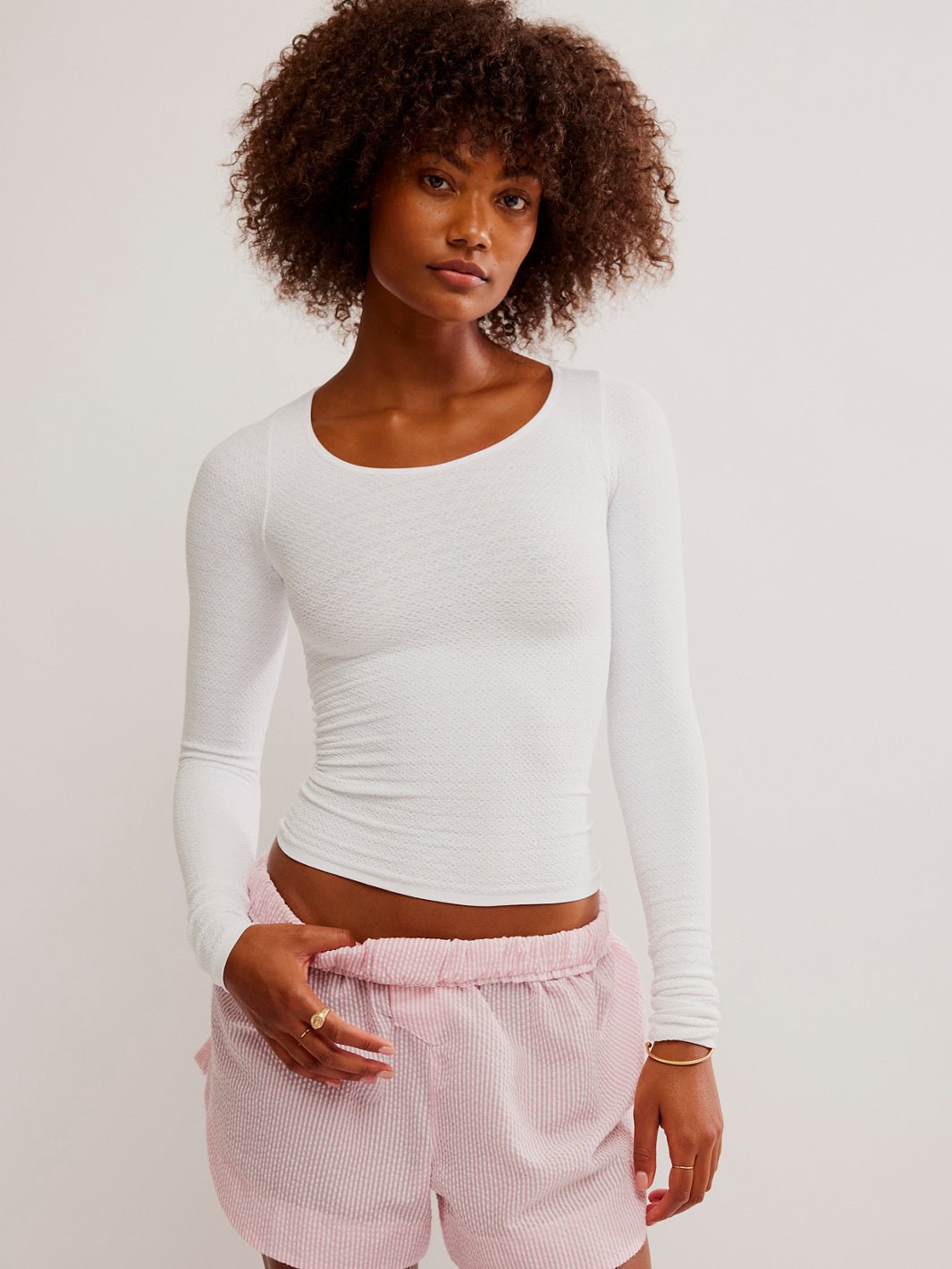 Free People Love Letter Long Sleeve in White — front view of seamless scoop neck layering top | Jayden P Boutique