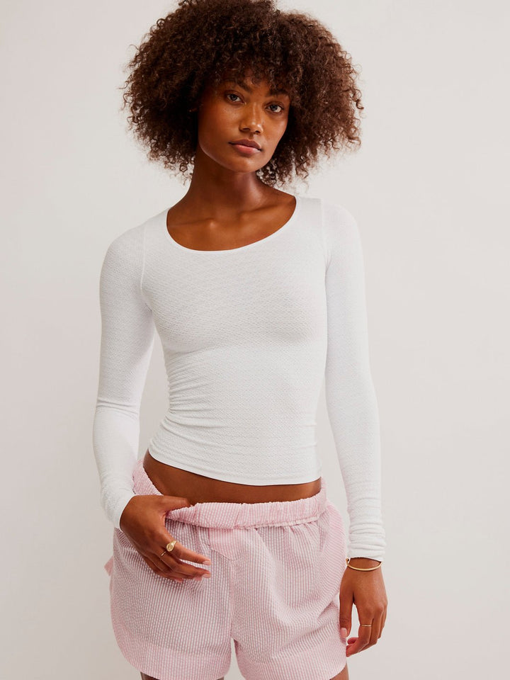 Free People Love Letter Long Sleeve in White — front view of seamless scoop neck layering top | Jayden P Boutique