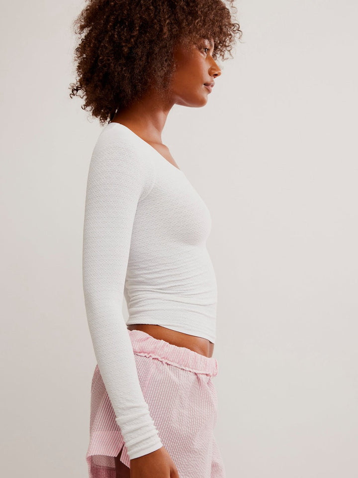 Free People Love Letter Long Sleeve in White — side view of slim cropped fit | Jayden P Boutique