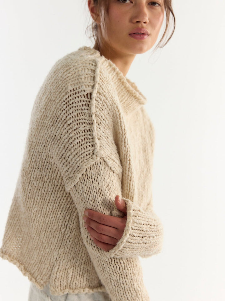 Free People Opal Rollneck Knit Sweater in Tea — side view of rolled neckline and long sleeves | Jayden P Boutique
