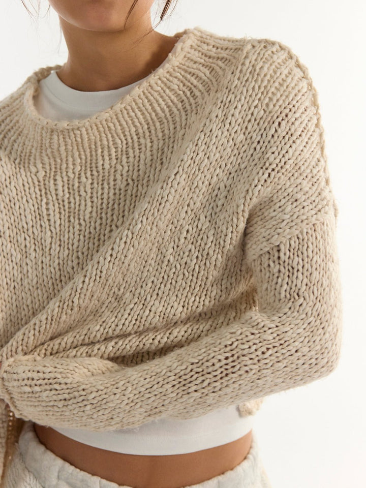 Free People Opal Rollneck Knit Sweater in Tea — close-up of open-knit texture and dropped shoulders | Jayden P Boutique