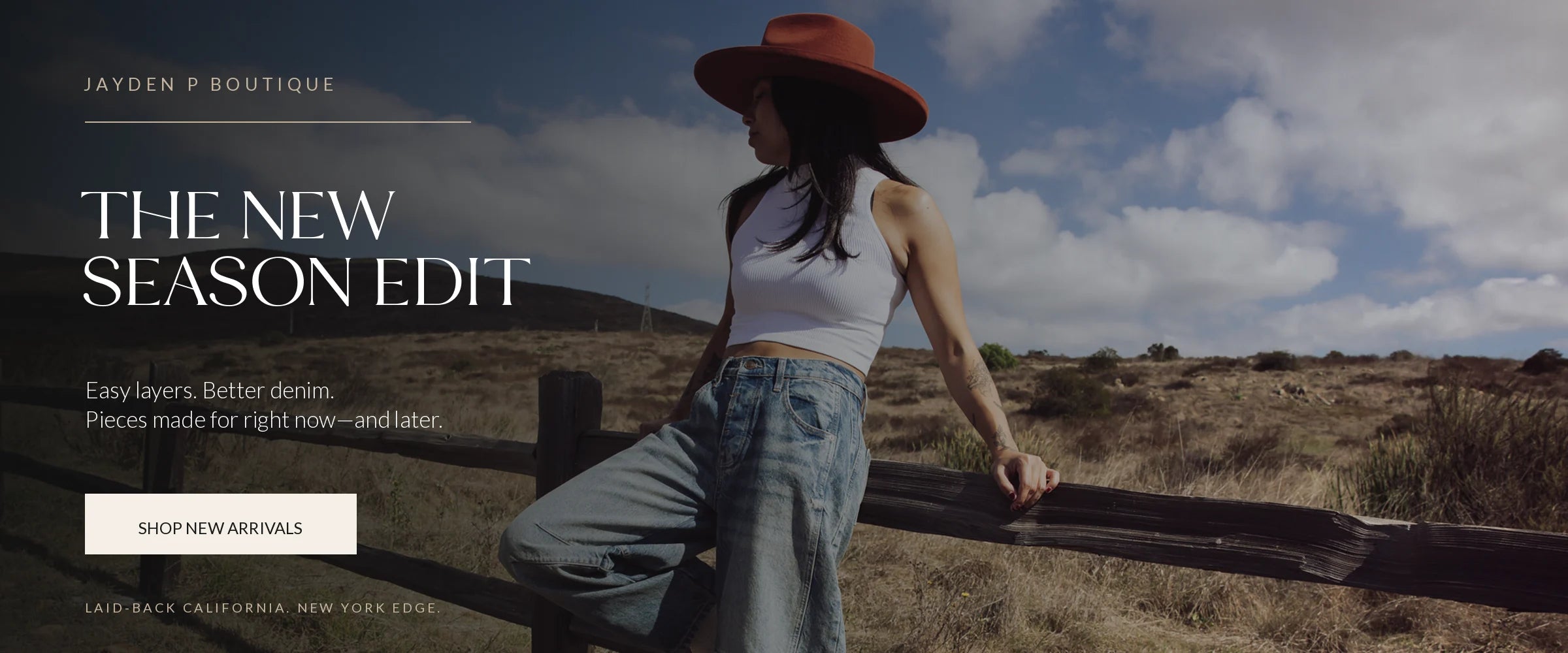 The New Season Edit featuring a woman in barrel jeans and a rust felt hat at a California overlook