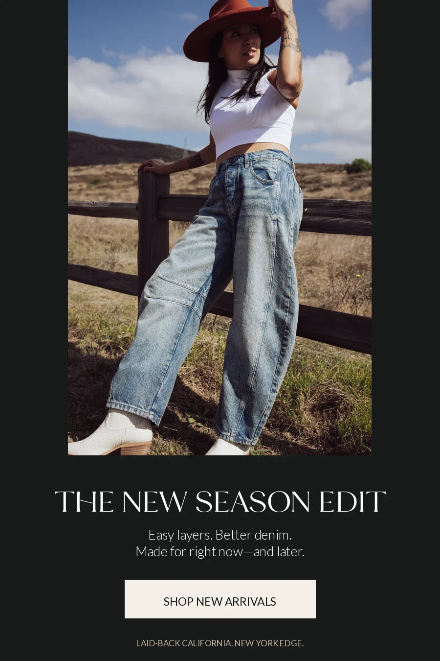 The New Season Edit featuring a woman in barrel jeans and a rust felt hat at a California overlook