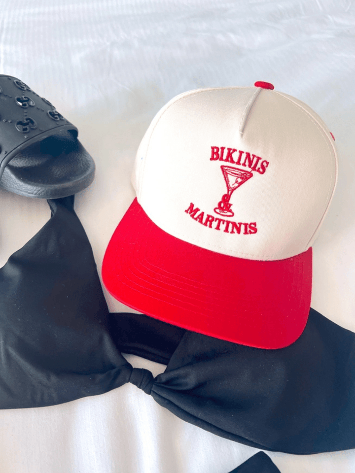 KENZKUSTOMZ Bikinis &amp; Martinis Vintage Trucker Hat in Red — Embroidered Snapback | Jayden P Boutique