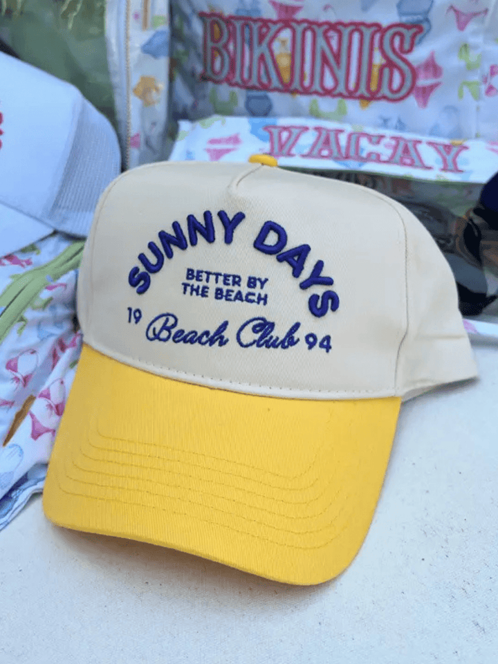 KENZKUSTOMZ - Sunny Days Yellow Vintage Trucker Hat features a cream crown and bold yellow brim, perfect for sunny days.