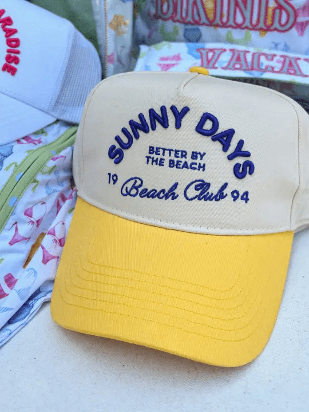 KENZKUSTOMZ - Sunny Days Yellow Vintage Trucker Hat by KENZKUSTOMZ (kenzkustomz-sunny-days-yellow-vintage-trucker-hat)