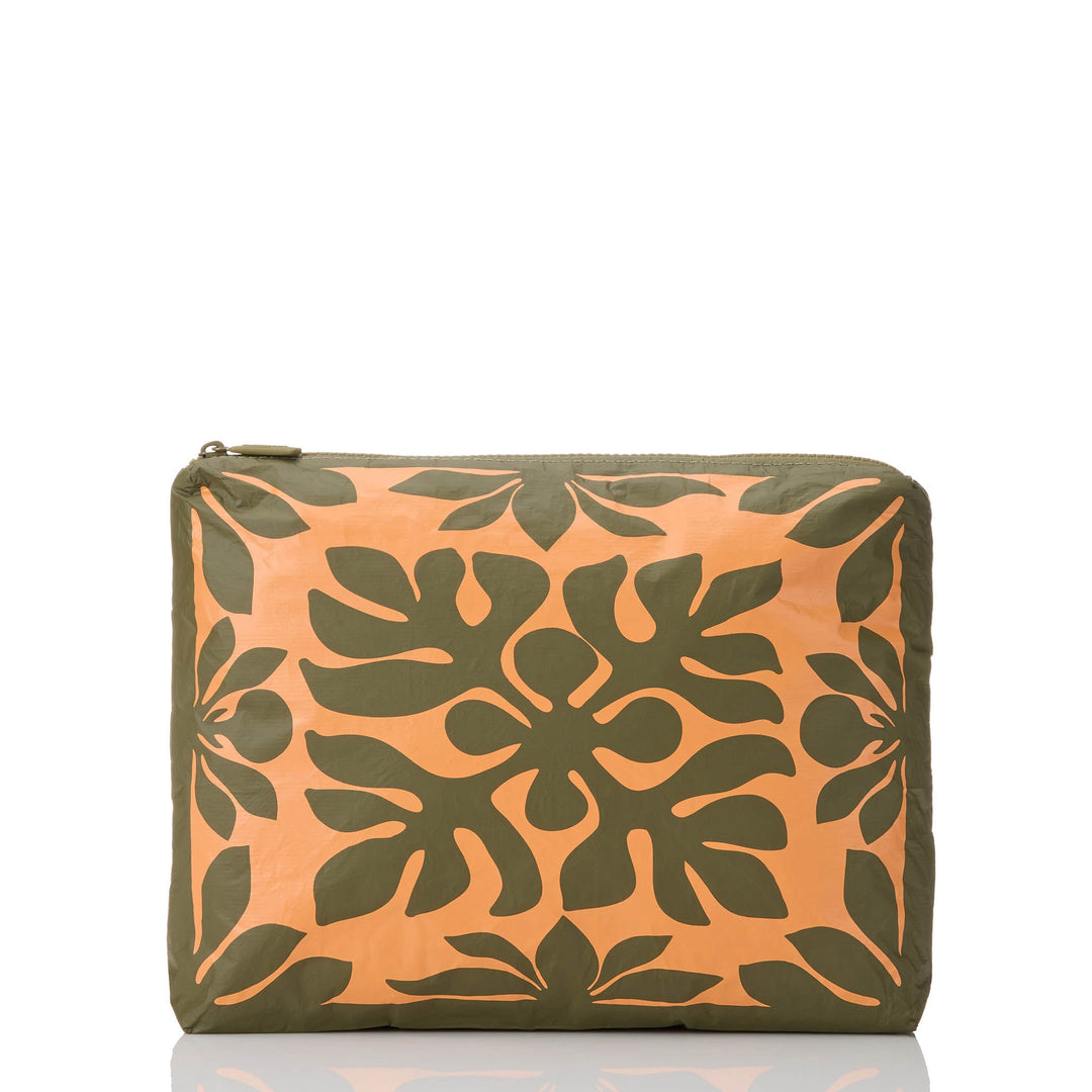 Olive-green Kaulu Mid Pouch with a quilt-style breadfruit leaf print on a papaya-orange ground, front view