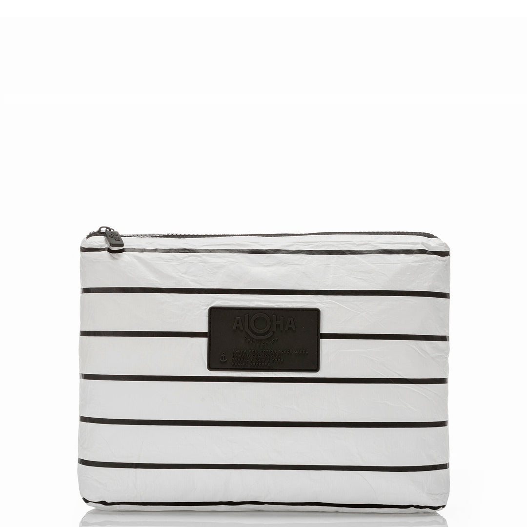 White Pinstripe Mid Pouch with horizontal black stripes, front view with the black ALOHA patch