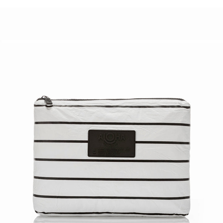 White Pinstripe Mid Pouch with horizontal black stripes, front view with the black ALOHA patch