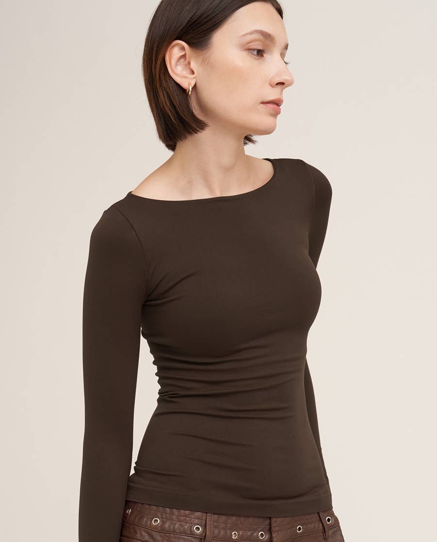 NikiBiki The Margot Boat Neck Long Sleeve Top in Chocolate