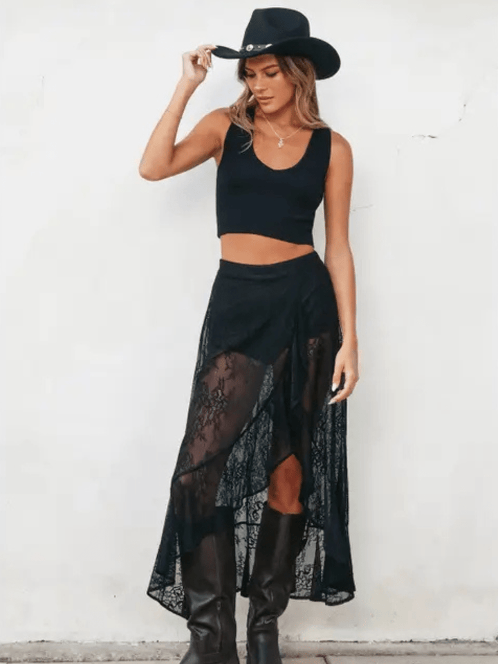 Rachel Playing Hard Ruffled Lace Asymmetrical Midi Skirt - Jayden P Boutique
