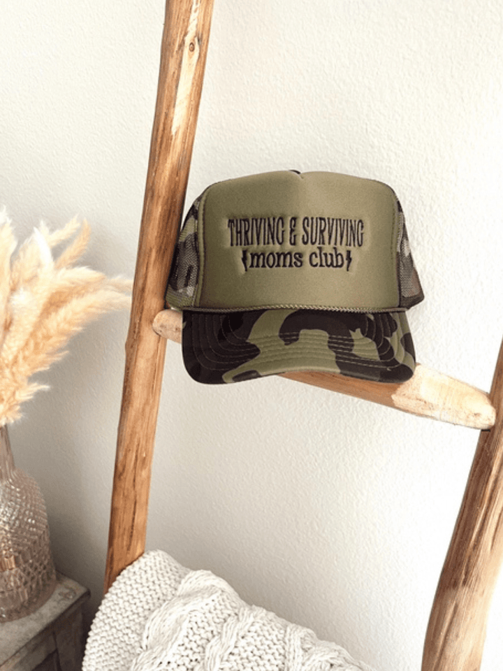RUBY MOON - Thriving &amp; Surviving Moms Club Trucker Hat - Cream/Black - Jayden P Boutique