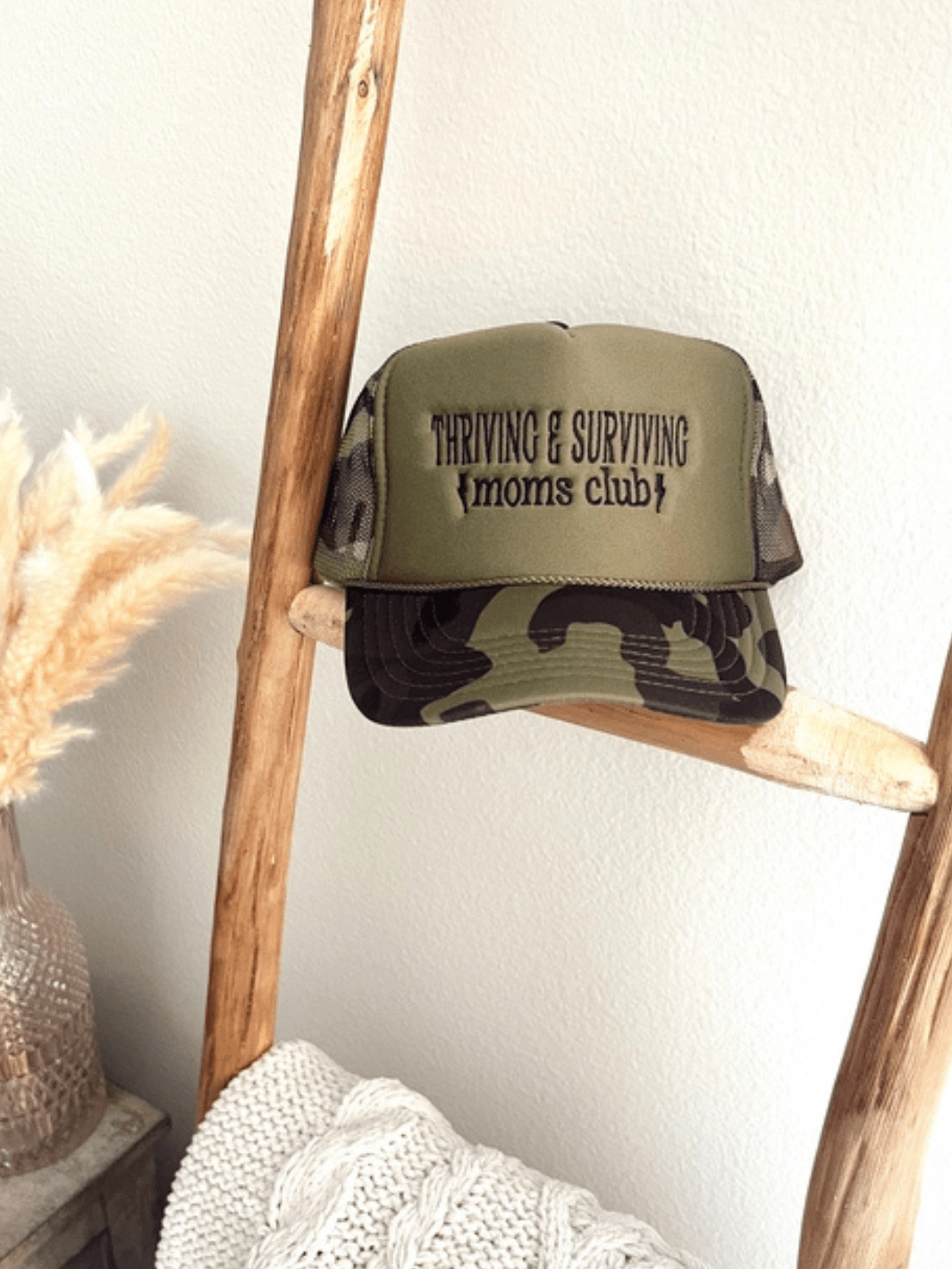 RUBY MOON - Thriving & Surviving Moms Club Trucker Hat - Cream/Black - Jayden P Boutique