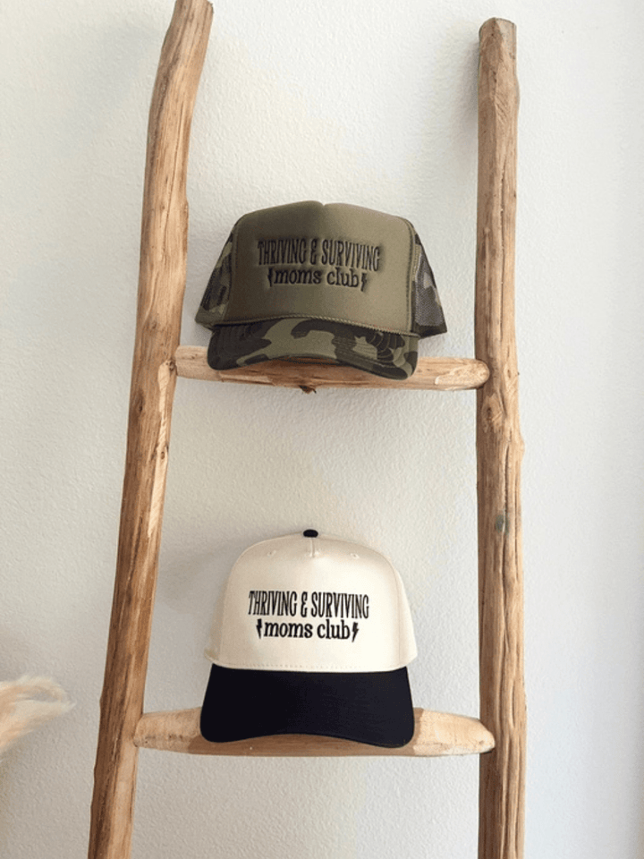 RUBY MOON - Thriving & Surviving Moms Club Trucker Hat - Cream/Black - Jayden P Boutique