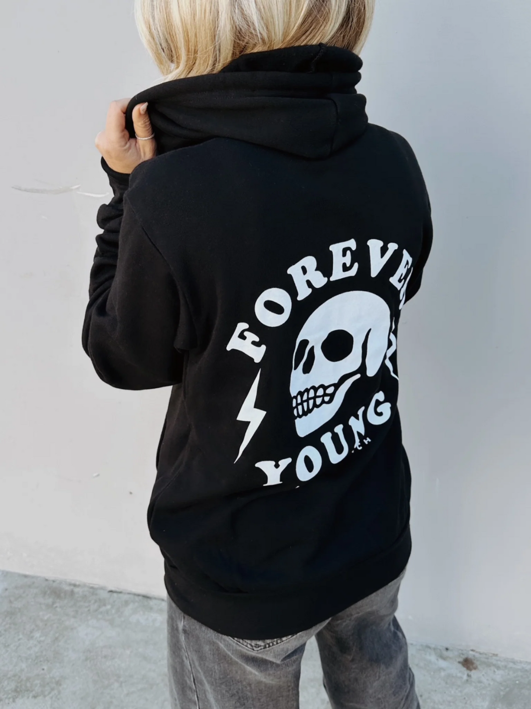 Jayden P Boutique - Local Beach - Forever Young Hooded Zip Sweatshirt - SM / Black