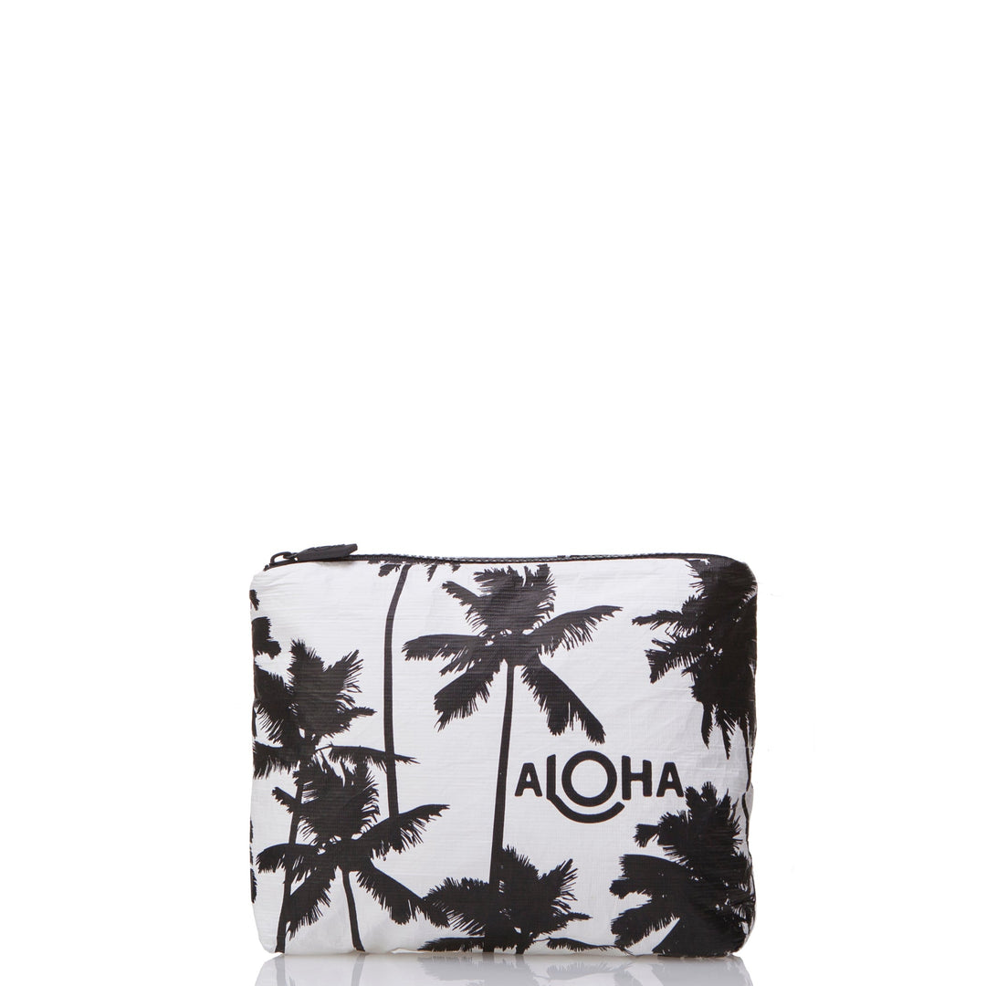 White Coco Palms Small Pouch with black palm tree silhouettes and the ALOHA wordmark, front view