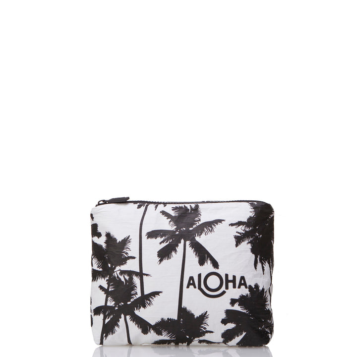 White Coco Palms Small Pouch with black palm tree silhouettes and the ALOHA wordmark, front view