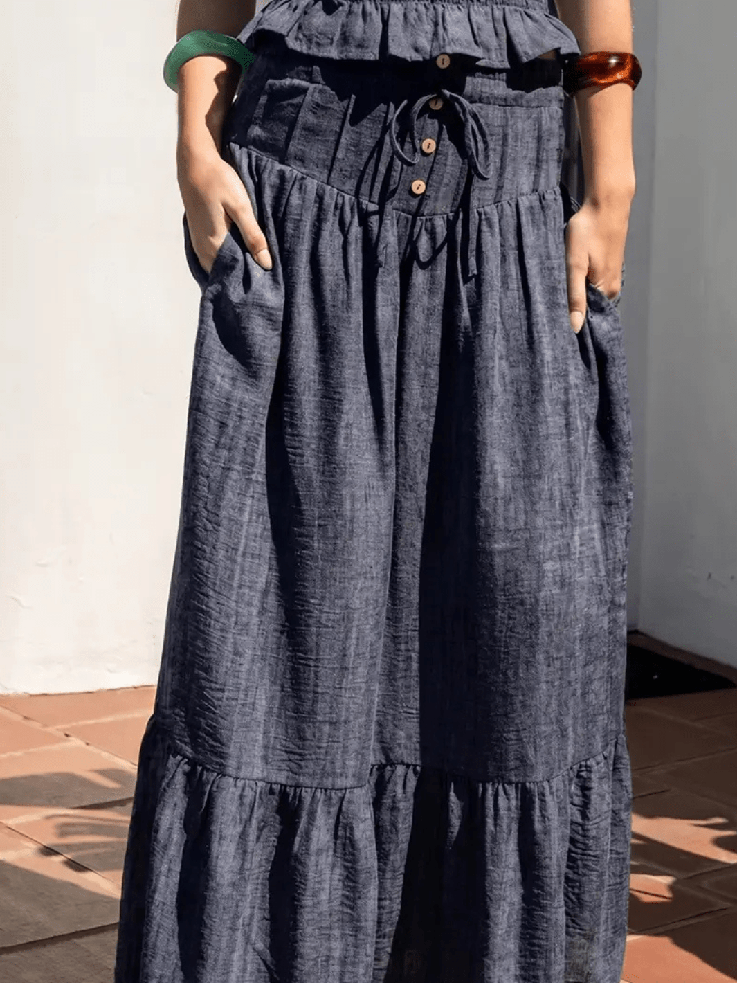 The Indigo Dreams High-Waist Smocked Denim Maxi Skirt - Jayden P Boutique