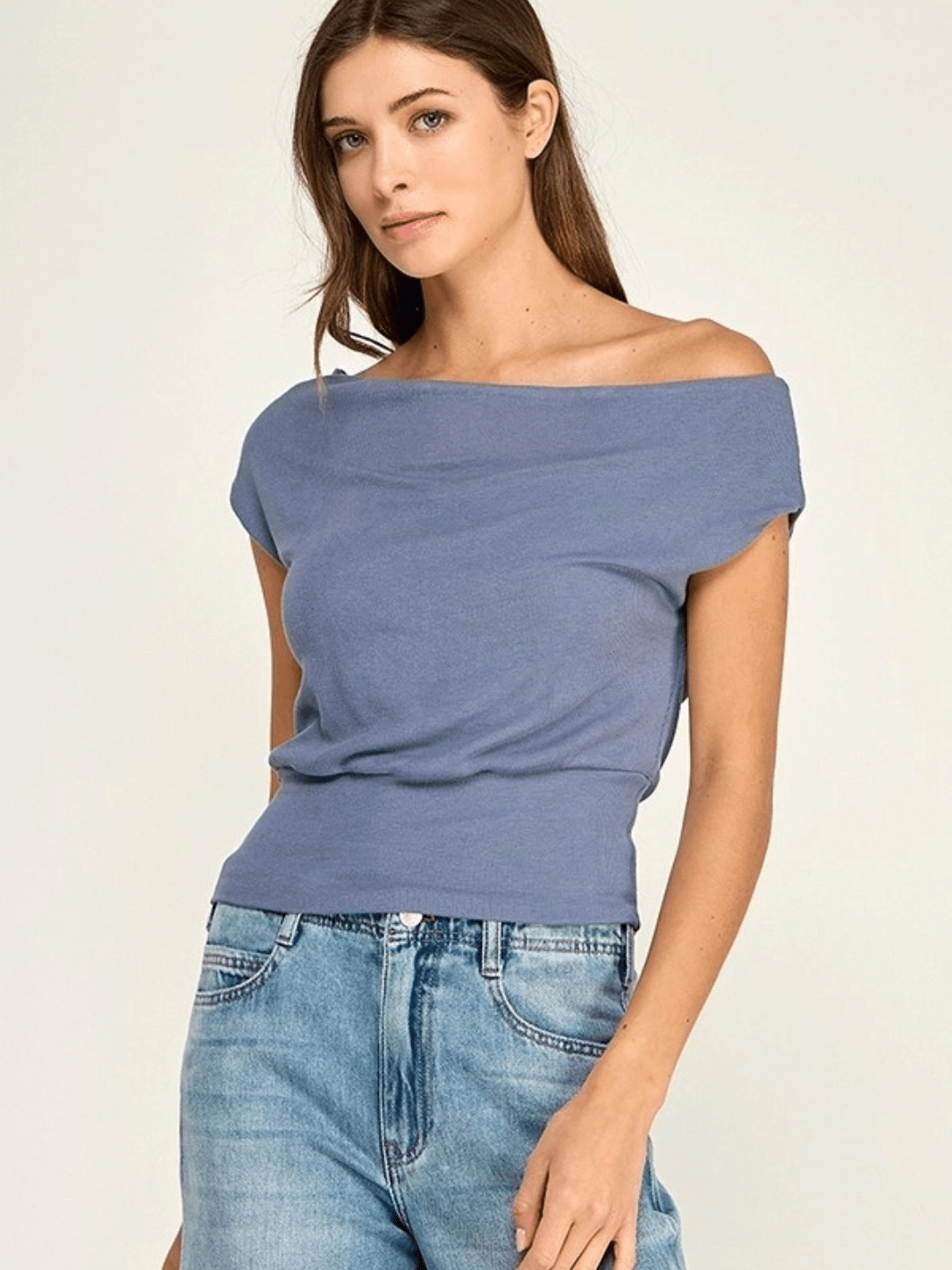 The Malibu Slate Blue Off-Shoulder Stretch Knit Top - Jayden P Boutique