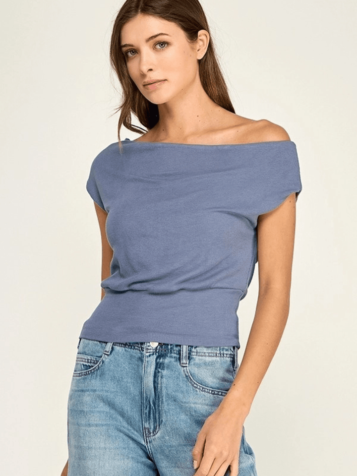 The Malibu Slate Blue Off-Shoulder Stretch Knit Top - Jayden P Boutique