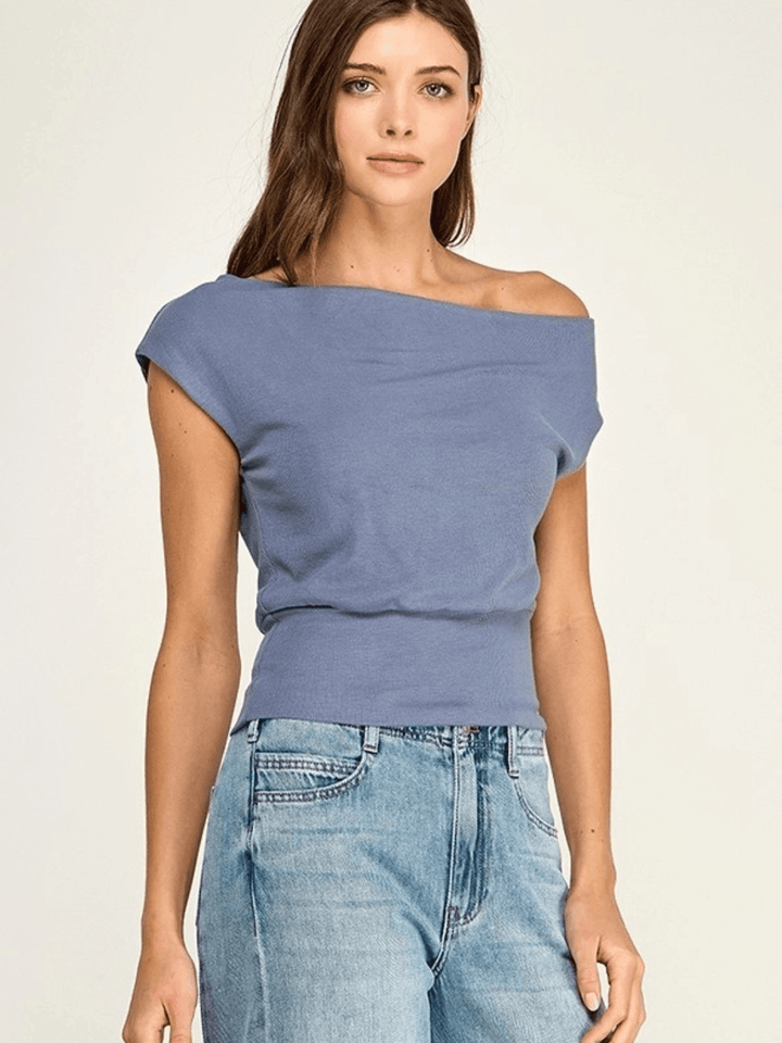 The Malibu Slate Blue Off-Shoulder Stretch Knit Top - Jayden P Boutique