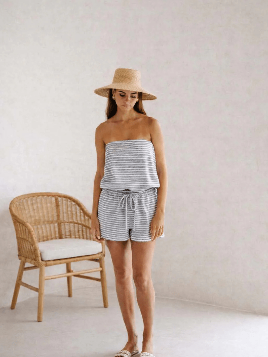 The Shoreside Romper Strapless Striped Drawstring Shorts Romper - Jayden P Boutique
