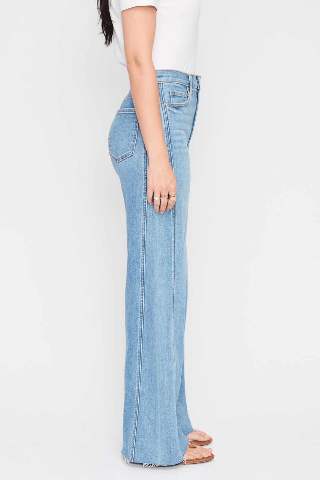 Daze Denim Far Out Seamed Wide Leg Jeans in Make Believe — studio side view of full-length wide leg | Jayden P Boutique
