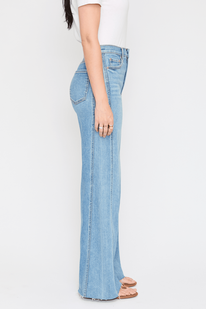 Daze Denim Far Out Seamed Wide Leg Jeans in Make Believe — studio side view of full-length wide leg | Jayden P Boutique