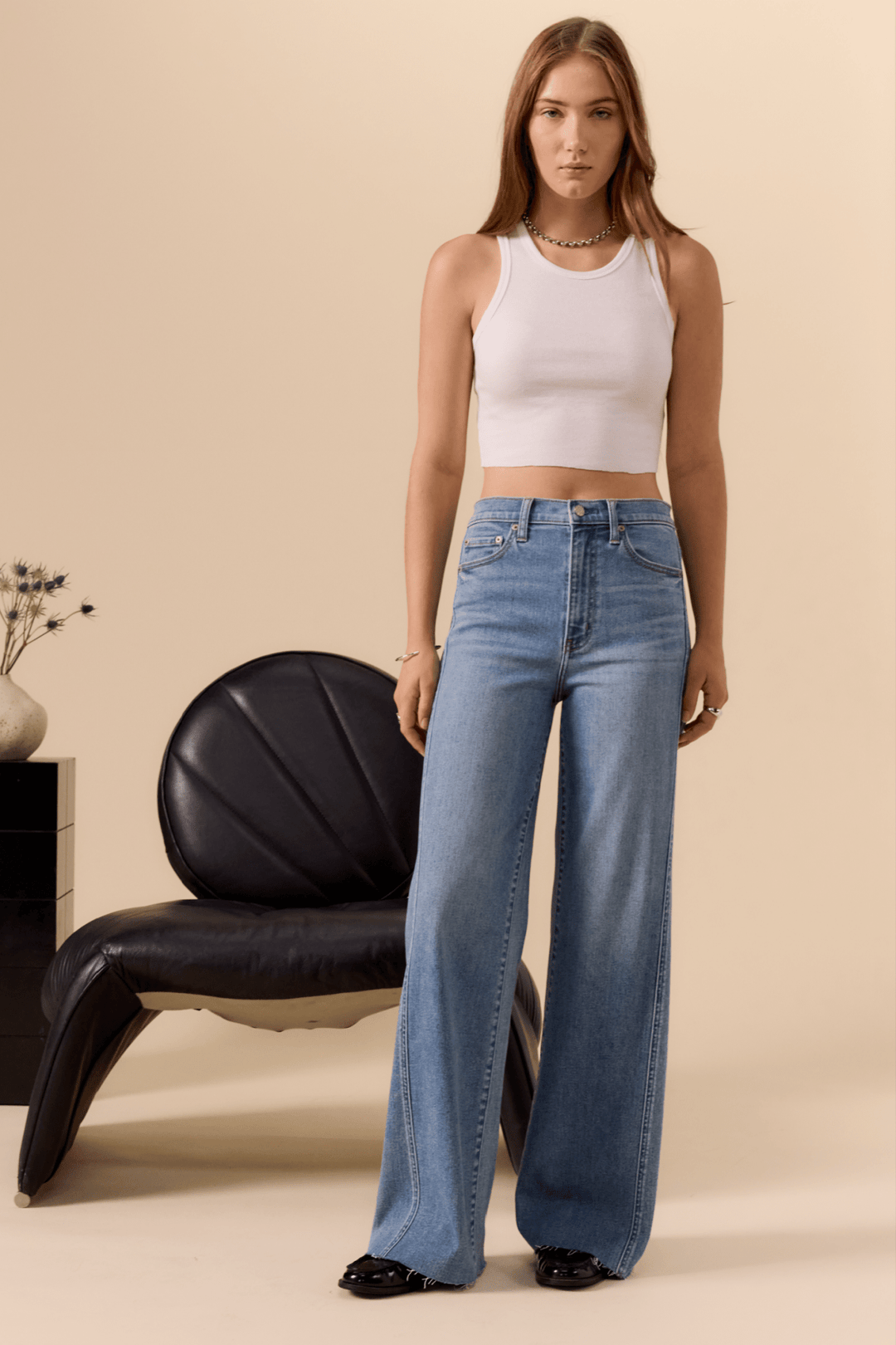 Daze Denim Far Out Seamed High-Rise Wide Leg Jeans in Make Believe — full-length front view with white tank, vintage medium wash | Jayden P Boutique